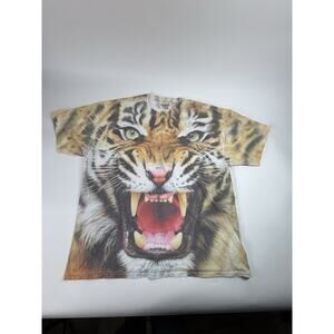 All over Art graphic Tiger T Shirt Mens XXL Large Cat Dry Gildan Blend tee
